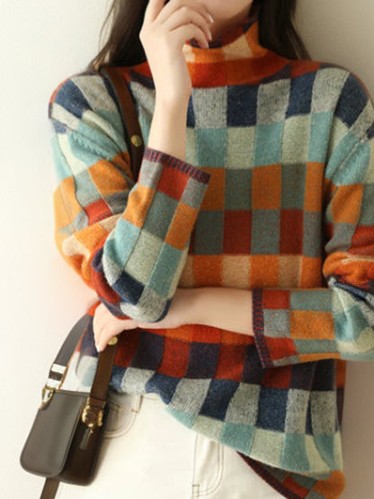 Pull col roulé à carreaux femme | Multicolore, tricot chaud