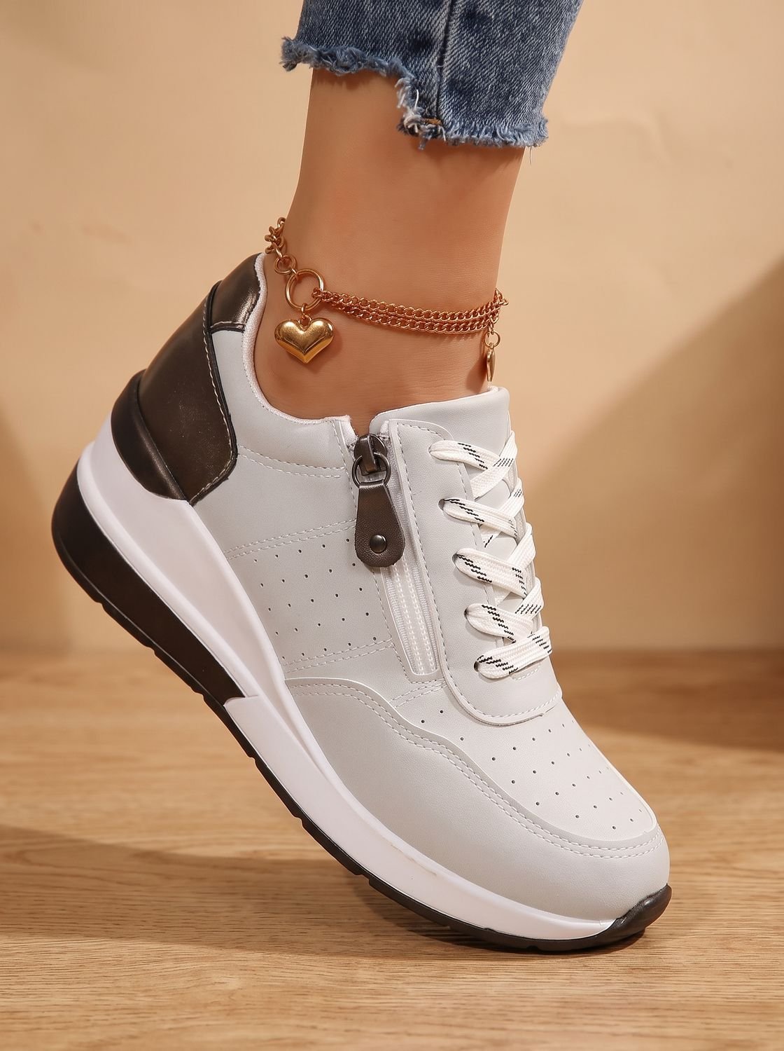 Sneakers compensées orthopédiques femme à lacets et zip latéral