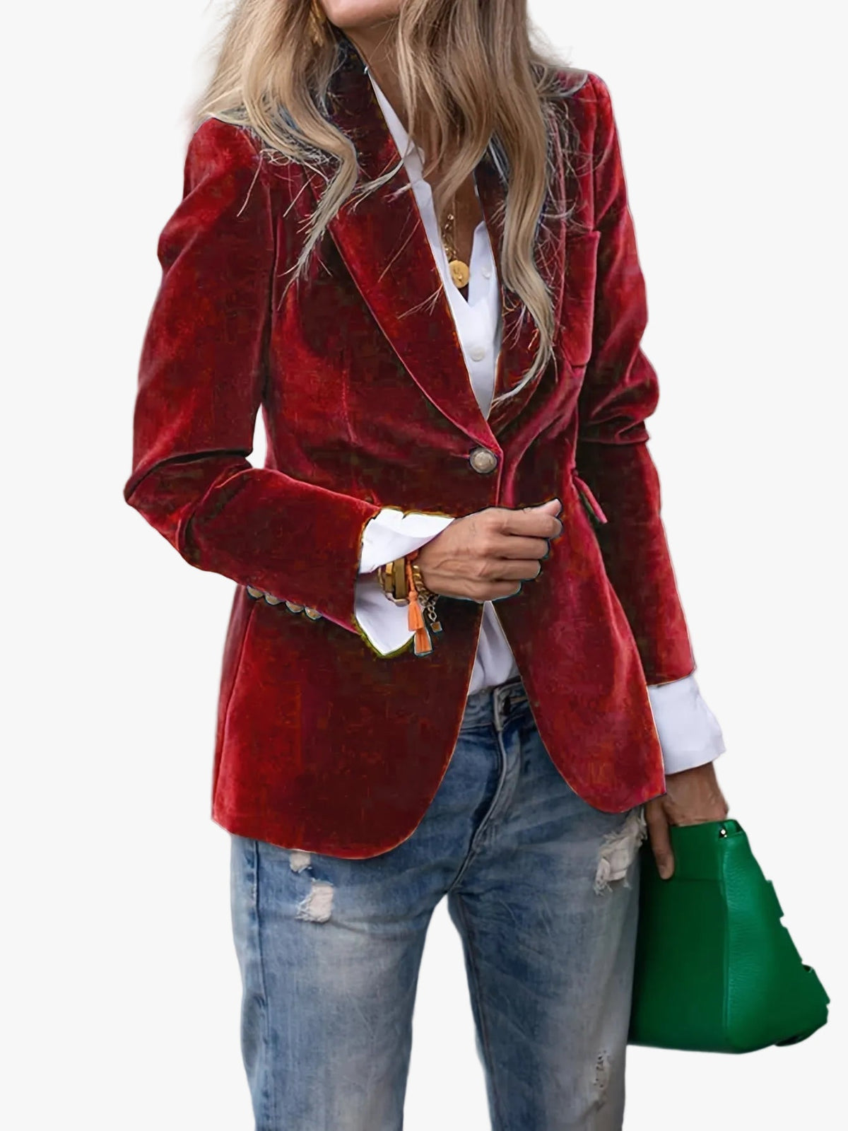Blazer velours femme cintré col cranté, bouton unique, manches longues