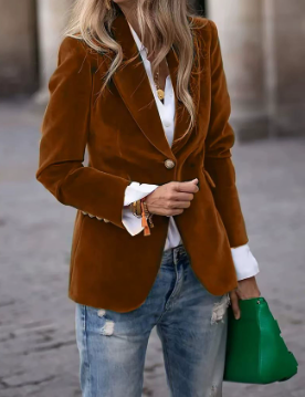 Blazer velours femme cintré col cranté, bouton unique, manches longues