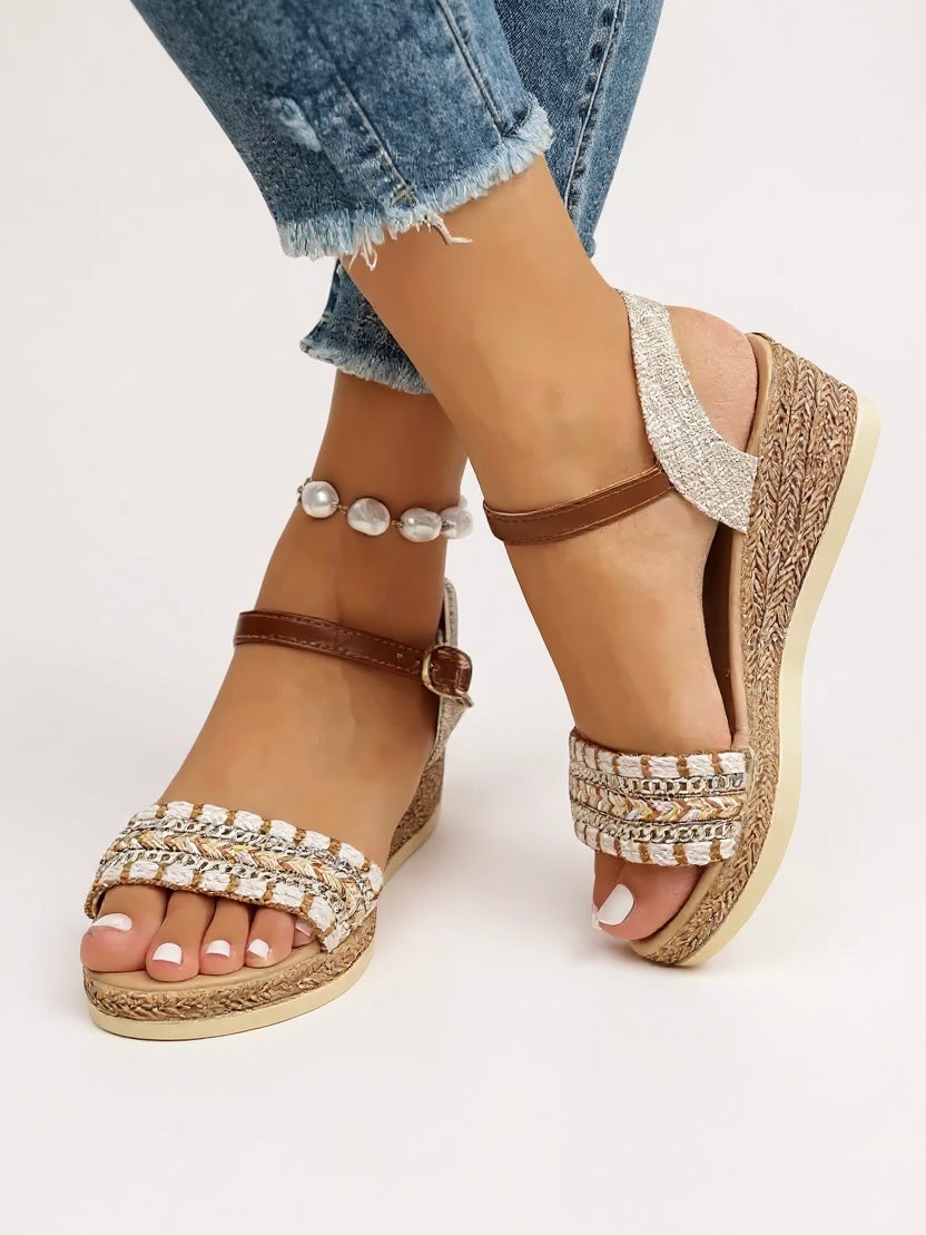 Sandales Tissées Femme | Talon Compensé, Bride à Boucle