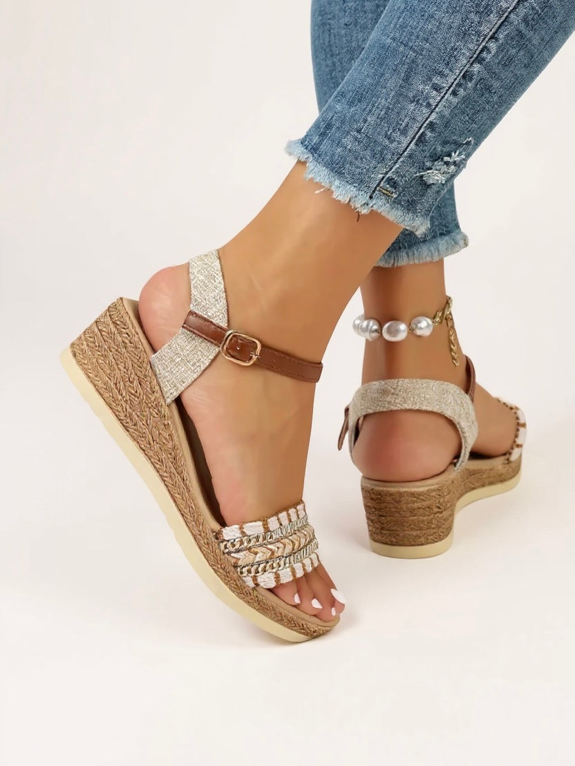 Sandales Tissées Femme | Talon Compensé, Bride à Boucle
